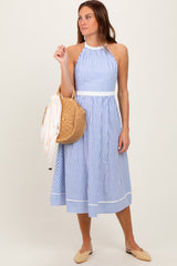 Blue Striped Halter Maternity Tie Back Cutout Maternity Midi Dress