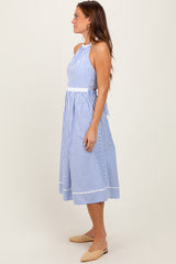 Blue Striped Halter Maternity Tie Back Cutout Midi Dress