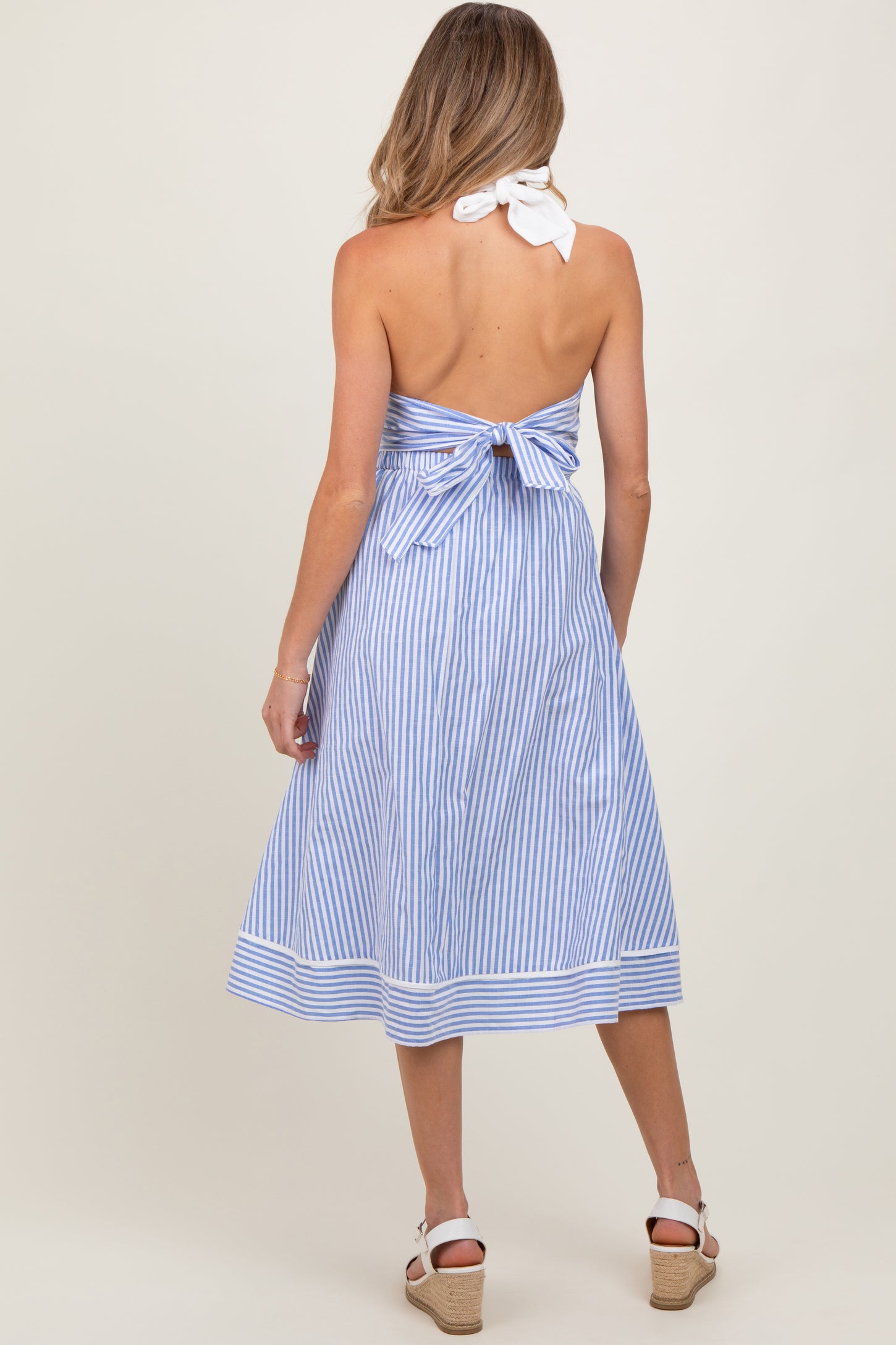 Blue Striped Halter Maternity Tie Back Cutout Maternity Midi Dress
