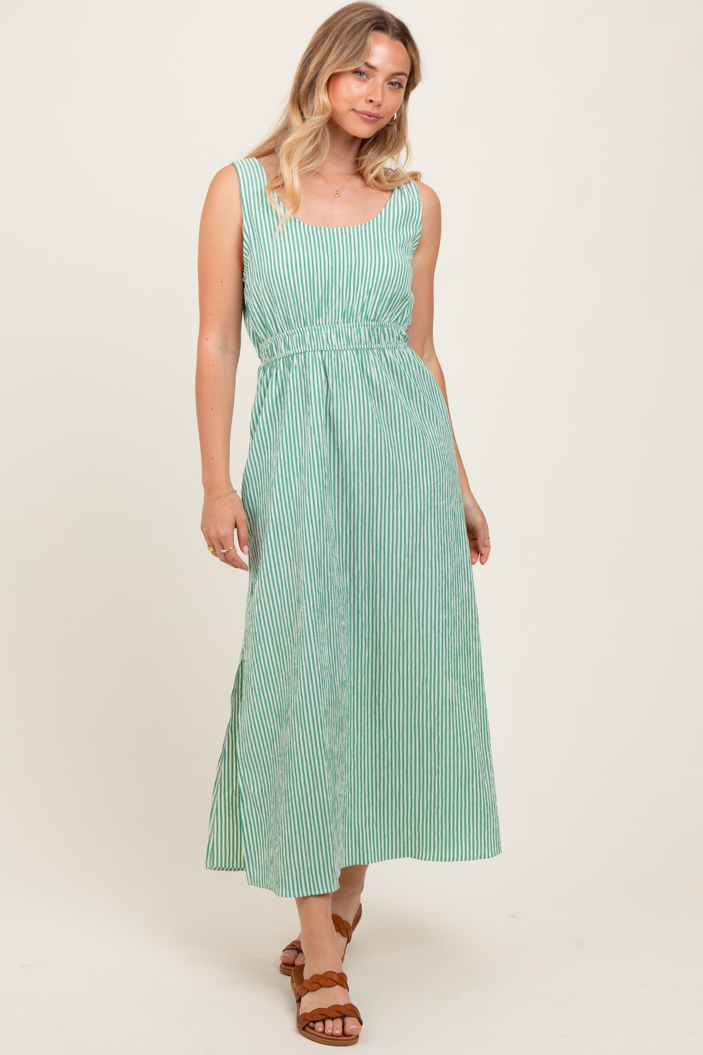 Green Striped Sleeveless Cutout Side Slit Maxi Dress