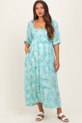 Green Floral Square Neck 3/4 Sleeve Maternity Maxi Dress