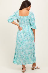 Green Floral Square Neck 3/4 Sleeve Maternity Maxi Dress
