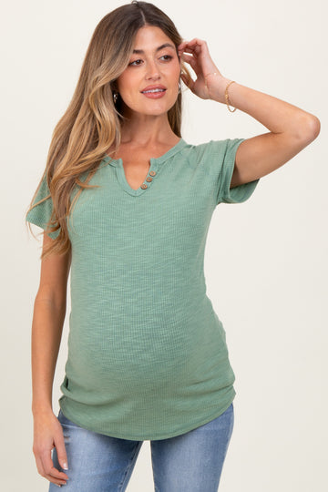 Light Olive Ribbed Split Neckline Short Sleeve Maternity Top