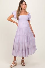 Lavender Smocked Puff Sleeve Tiered Maternity Maxi Dress