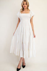 White Smocked Puff Sleeve Tiered Maternity Maxi Dress