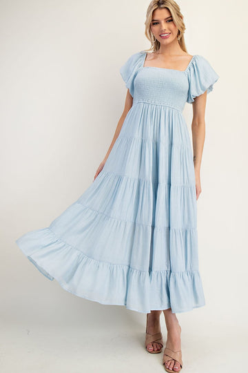 Light Blue Smocked Puff Sleeve Tiered Maxi Dress