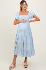 Light Blue Smocked Puff Sleeve Tiered Maternity Maxi Dress