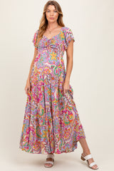 Lavender Floral Paisley Smocked Tiered Maternity Maxi Dress