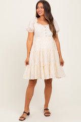 Cream Printed Button Up Ruffle Tiered Maternity Dress