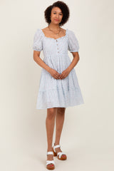 Light Blue Printed Button Up Ruffle Tiered Dress
