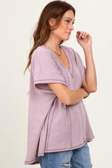 Mauve Striped Ribbed V-Neck Oversized Short Sleeve Top