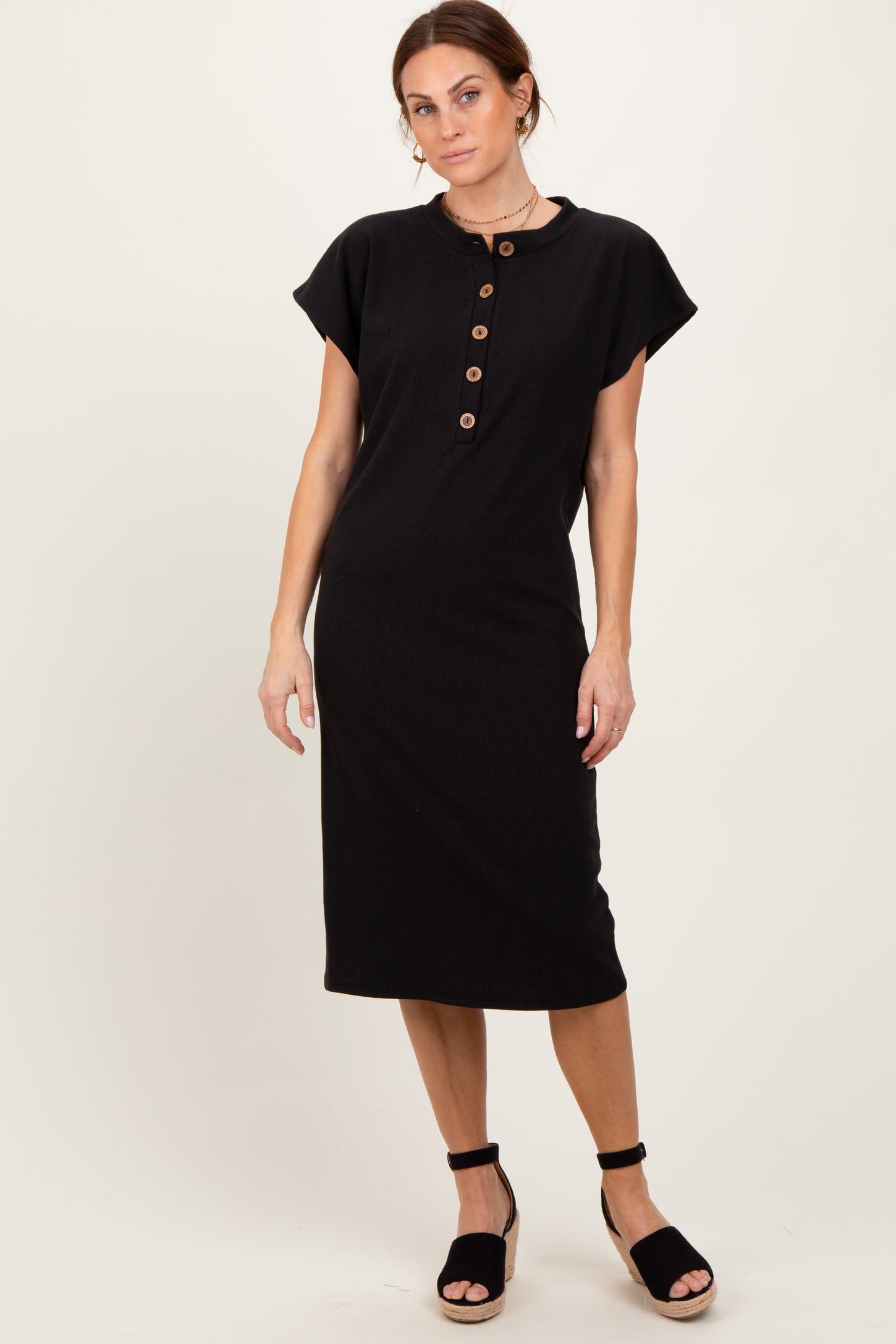 Black Solid Ribbed Short Sleeve Button Down Knit Maternity Midi Dress