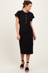 Black Solid Ribbed Short Sleeve Button Down Knit Midi Dress