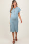 Blue Solid Ribbed Short Sleeve Button Down Knit Maternity Midi Dress