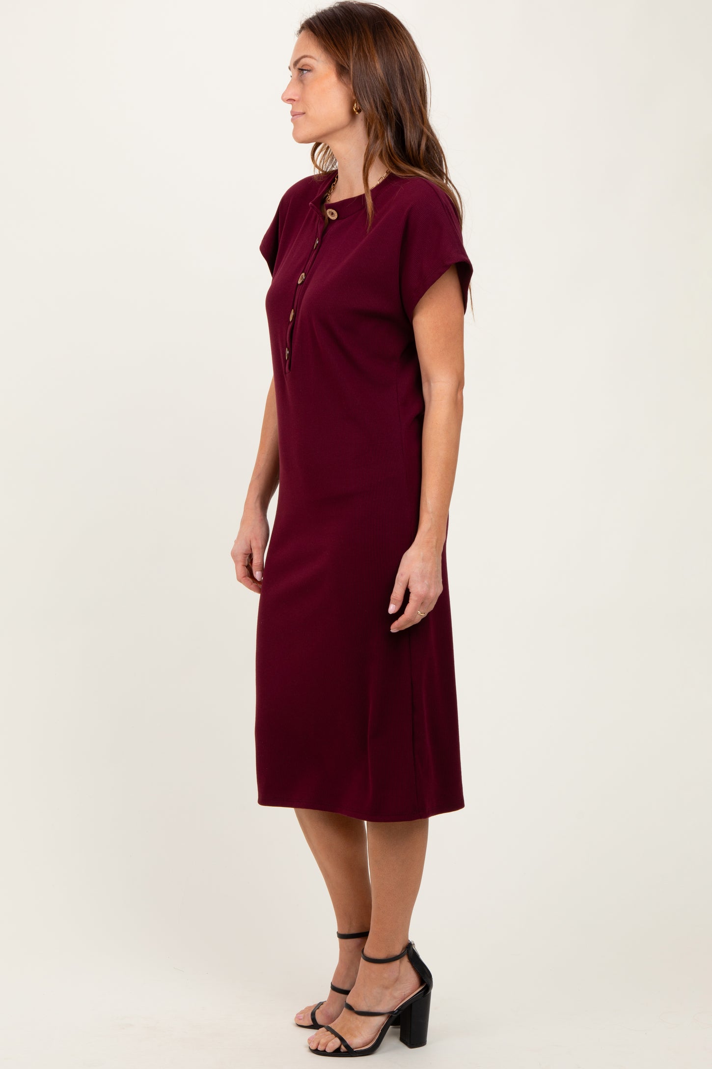Burgundy Solid Ribbed Short Sleeve Button Down Knit Midi Dress