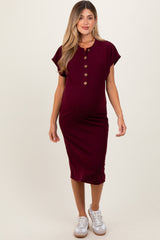 Burgundy Solid Ribbed Short Sleeve Button Down Knit Maternity Midi Dress