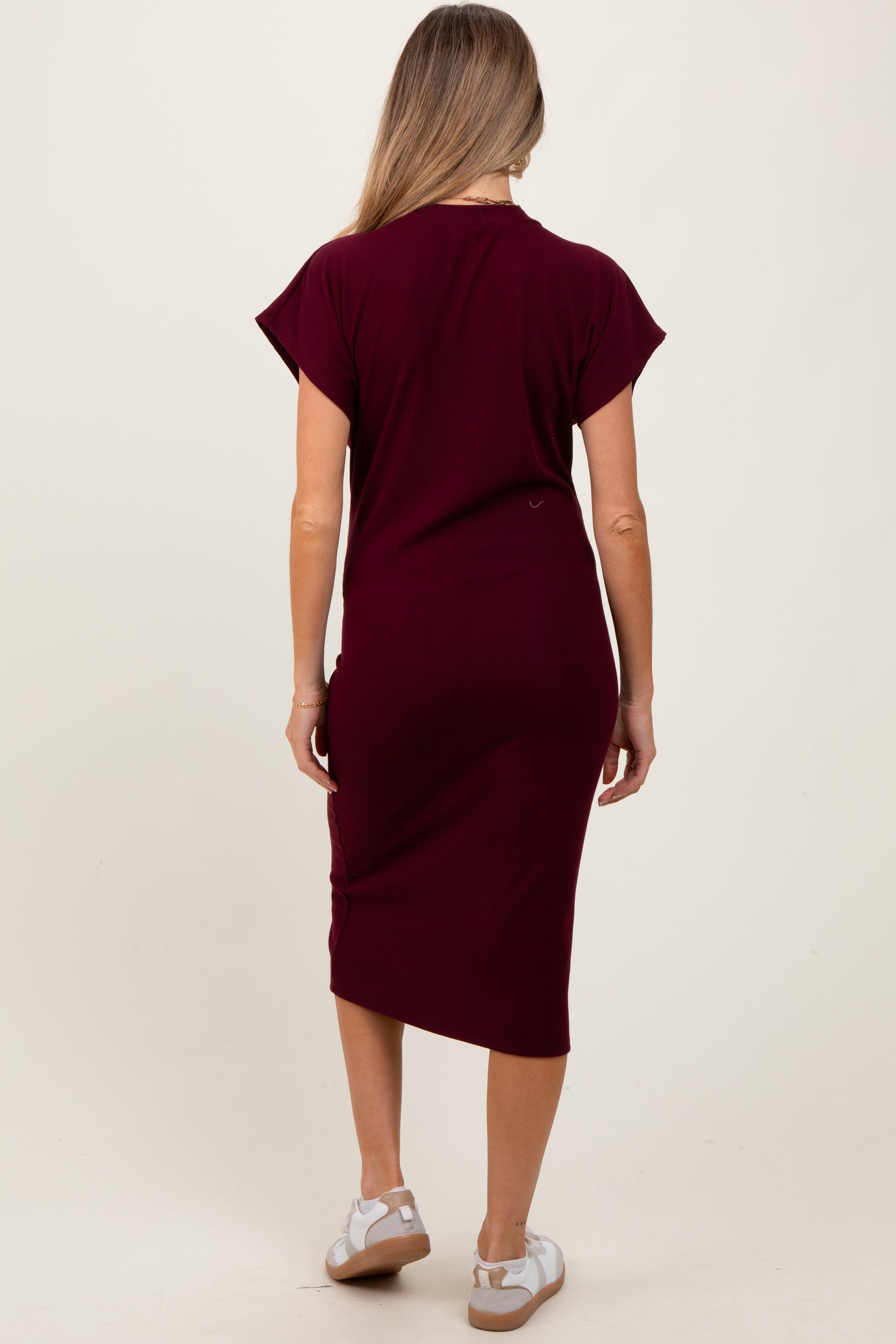 Burgundy Solid Ribbed Short Sleeve Button Down Knit Maternity Midi Dress