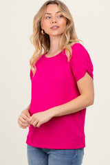 Fuchsia Basic Crew Neck Puff Sleeve Top