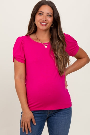 Fuchsia Basic Crew Neck Puff Sleeve Maternity Top