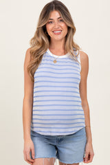 Blue Textured Striped Sleeveless Maternity Top