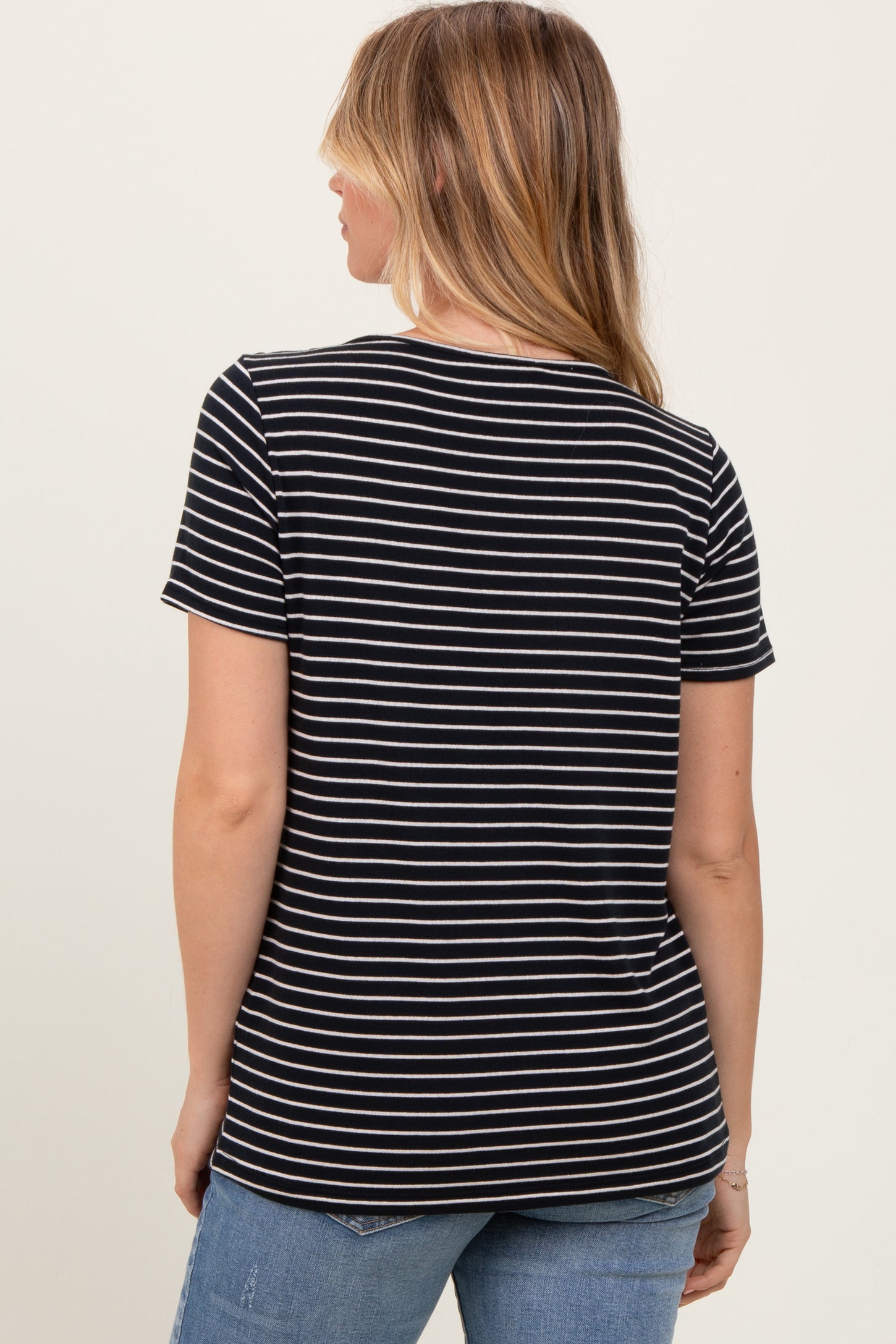 Black Pinstripe Shoulder Button Detail Top