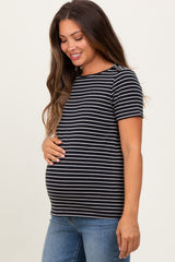 Black Pinstripe Shoulder Button Detail Maternity Top