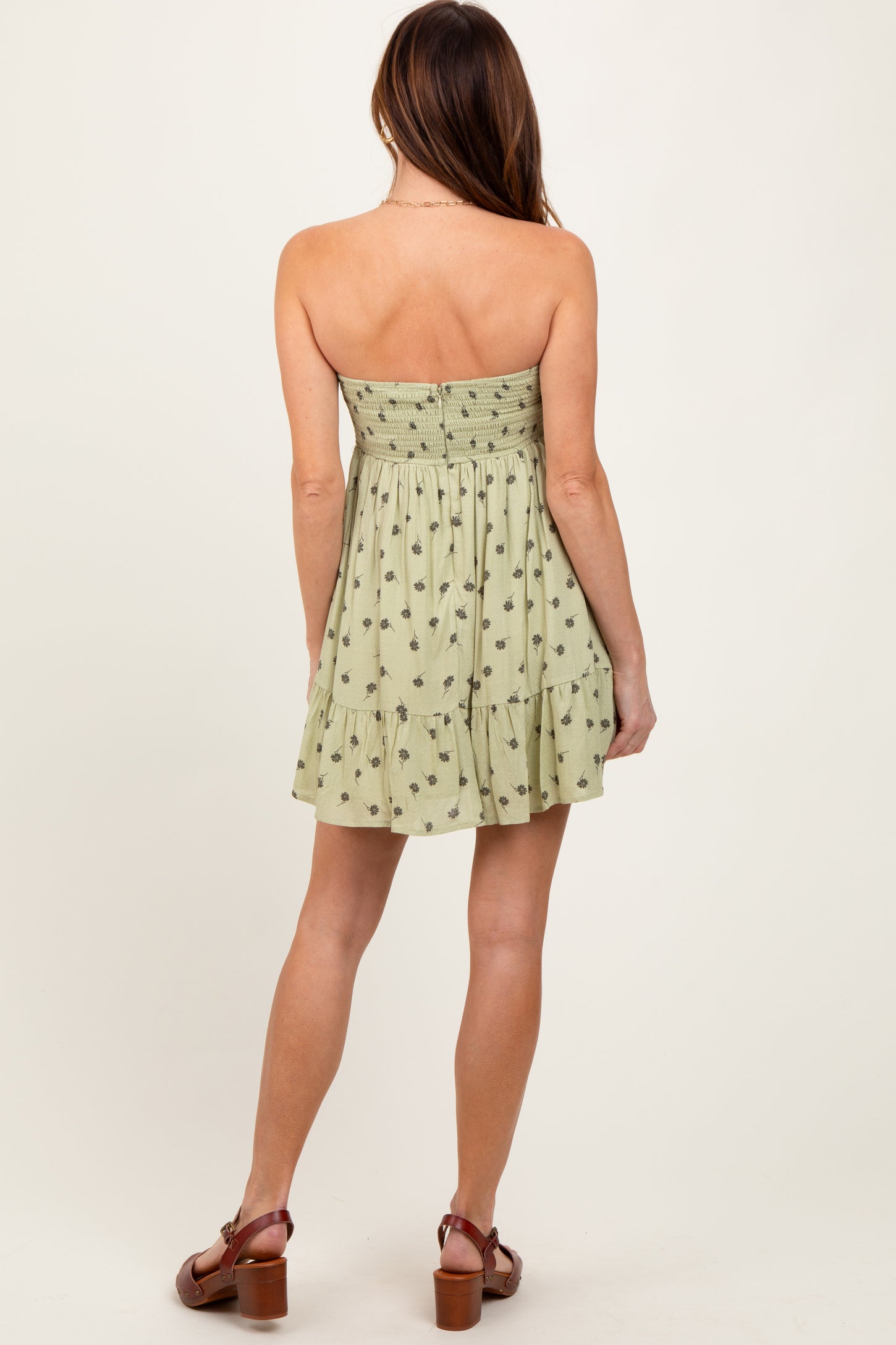 Mint Green Floral Strapless Front Tie Mini Dress