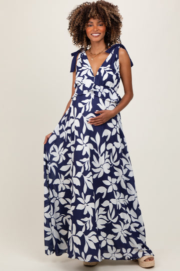 Navy Floral Deep V-Neck Shoulder Tie Maternity Maxi Dress