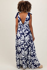 Navy Floral Deep V-Neck Shoulder Tie Maternity Maxi Dress