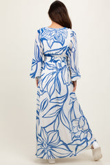 Blue Floral Smocked Waist Long Sleeve Maxi Dress