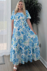 Blue Floral Smocked Puff Sleeve Maxi Dress