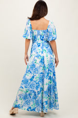 Blue Floral Smocked Puff Sleeve Maxi Dress