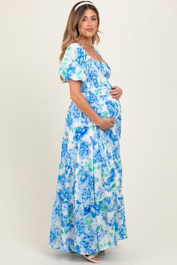 Blue Floral Smocked Puff Sleeve Maternity Maxi Dress