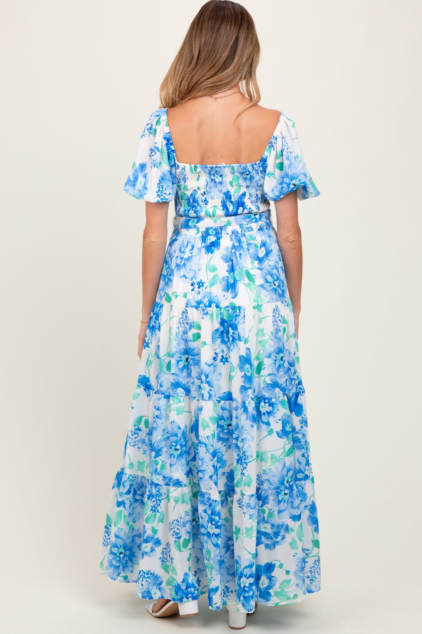 Blue Floral Smocked Puff Sleeve Maternity Maxi Dress