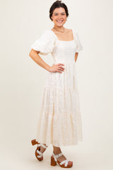 Cream Jacquard Puff Sleeve Tiered Midi Dress