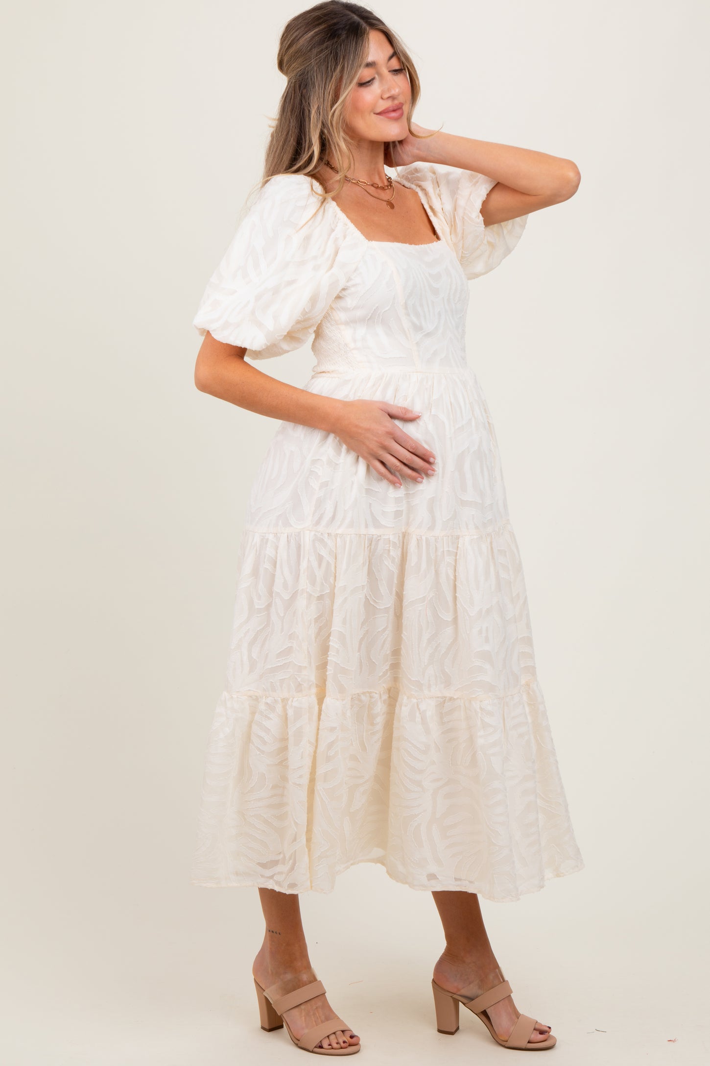 Cream Jacquard Puff Sleeve Tiered Maternity Midi Dress