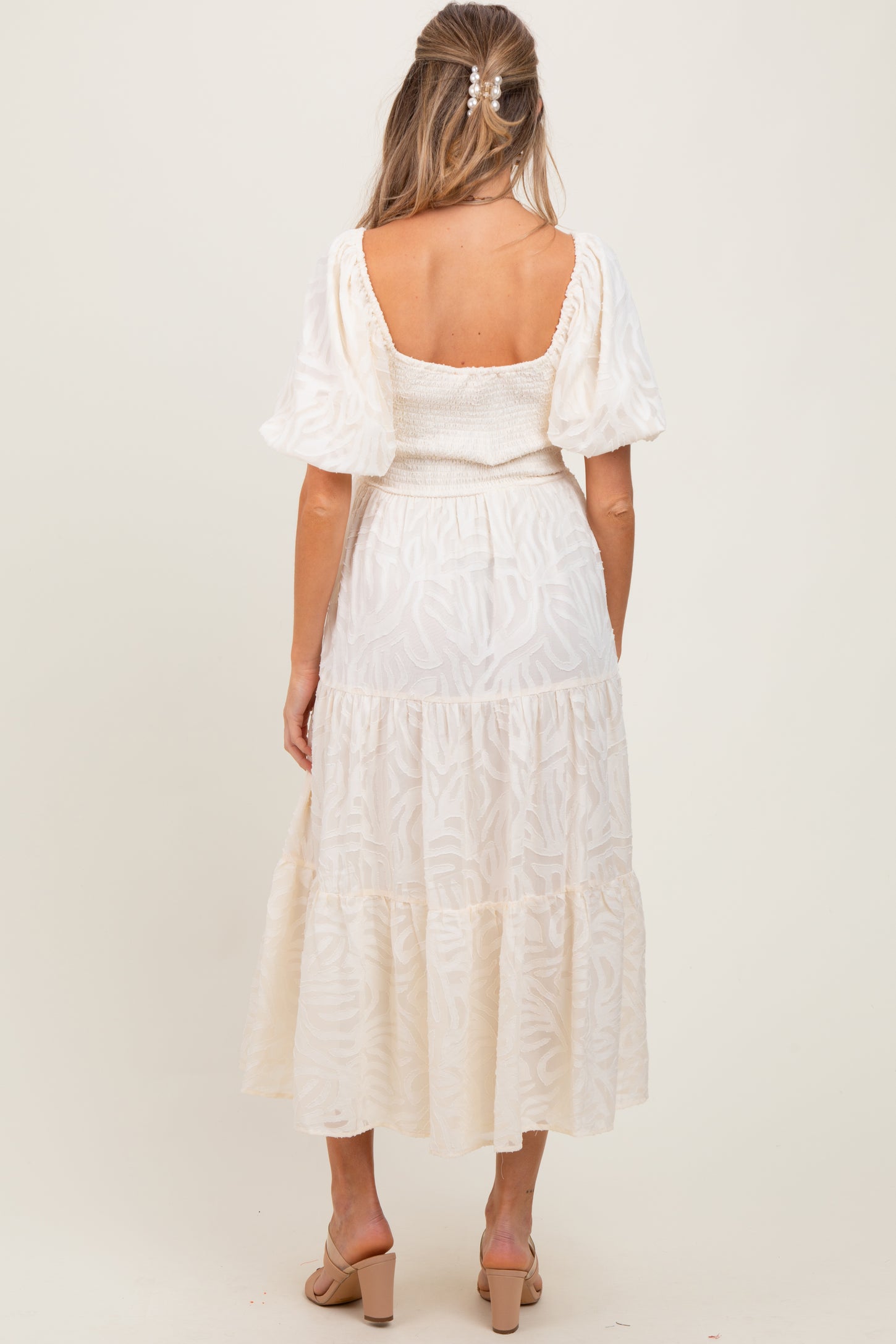 Cream Jacquard Puff Sleeve Tiered Maternity Midi Dress