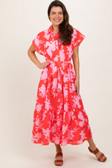 Red Floral Button Down Maternity Shirt Dress