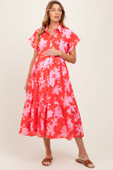 Red Floral Button Down Maternity Shirt Dress