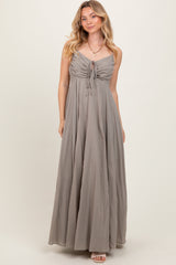 Light Olive Gathered Tie Front Maxi Dress