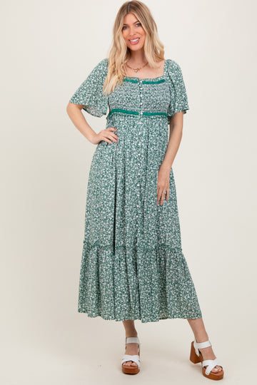 Green Smocked Button Down Flutter Sleeve Maxi Dress