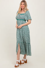 Green Smocked Button Down Flutter Sleeve Maxi Dress