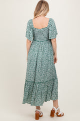Green Smocked Button Down Flutter Sleeve Maxi Dress