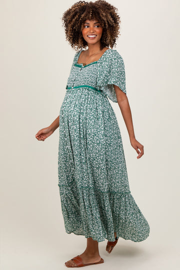 Green Smocked Button Down Flutter Sleeve Maternity Maxi Dress