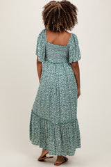 Green Smocked Button Down Flutter Sleeve Maternity Maxi Dress