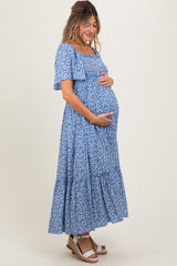 Navy Floral Button Front Maternity Midi Dress