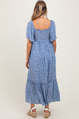 Navy Floral Button Front Maternity Midi Dress