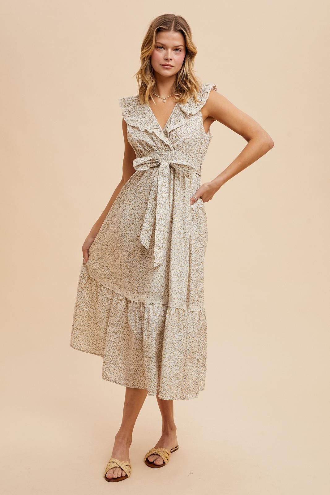 Cream Ruffled Floral Cotton Maxi Dress