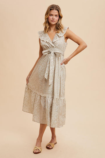 Cream Ruffled Floral Cotton Maxi Dress