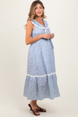 Light Blue Ruffled Floral Cotton Maternity Maxi Dress